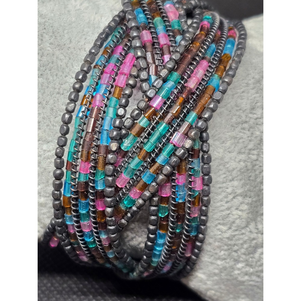 Multicolor Beaded Multi Strand Cuff Bracelet Gunmetal Turquoise Pink  Statement‎